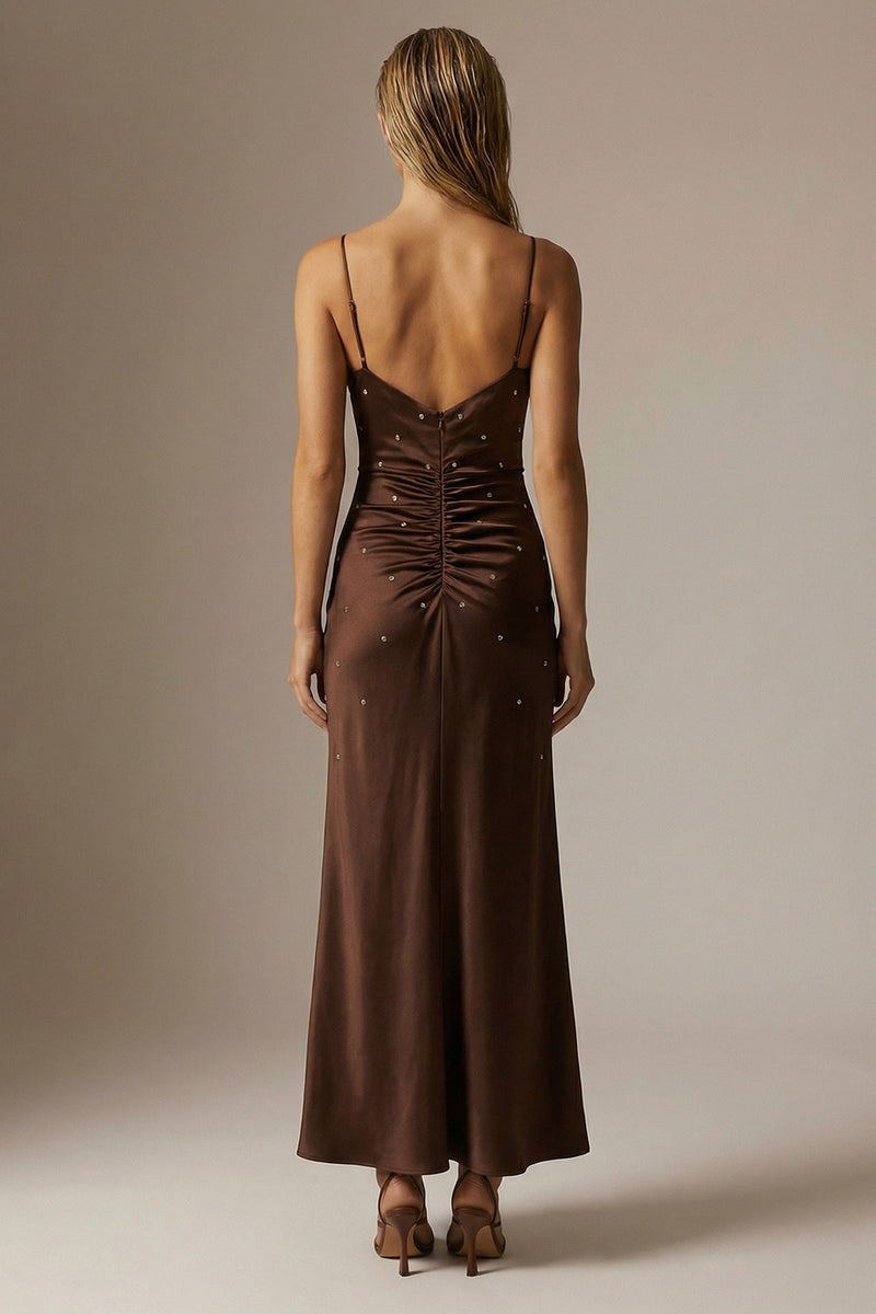 Load image into Gallery viewer, Sparkly Chocolate Sheath Ruched Spaghetti Straps Long Formal Dress