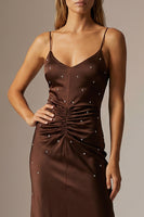 Load image into Gallery viewer, Sparkly Chocolate Sheath Ruched Spaghetti Straps Long Formal Dress