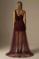 Load image into Gallery viewer, Burgundy One Shoulder Ruched Bodycon Short Formal Dress with Cape