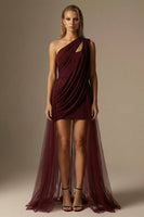 Load image into Gallery viewer, Burgundy One Shoulder Ruched Bodycon Short Formal Dress with Cape
