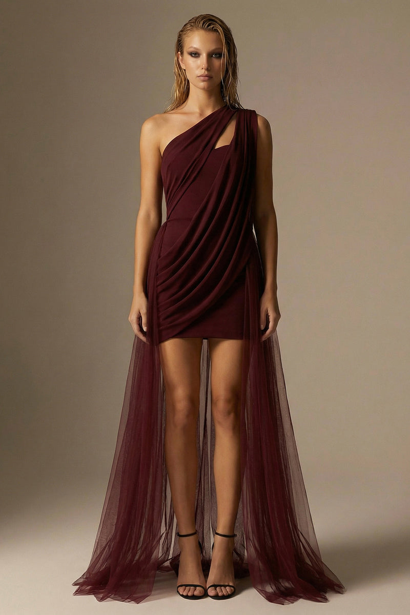 Load image into Gallery viewer, Burgundy One Shoulder Ruched Bodycon Short Formal Dress with Cape