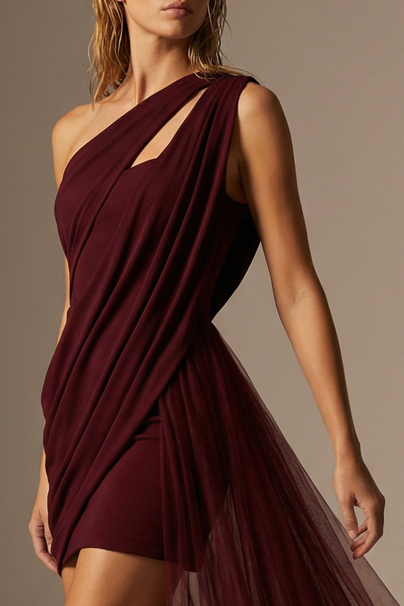 Load image into Gallery viewer, Burgundy One Shoulder Ruched Bodycon Short Formal Dress with Cape
