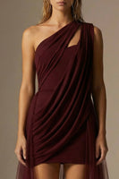 Load image into Gallery viewer, Burgundy One Shoulder Ruched Bodycon Short Formal Dress with Cape