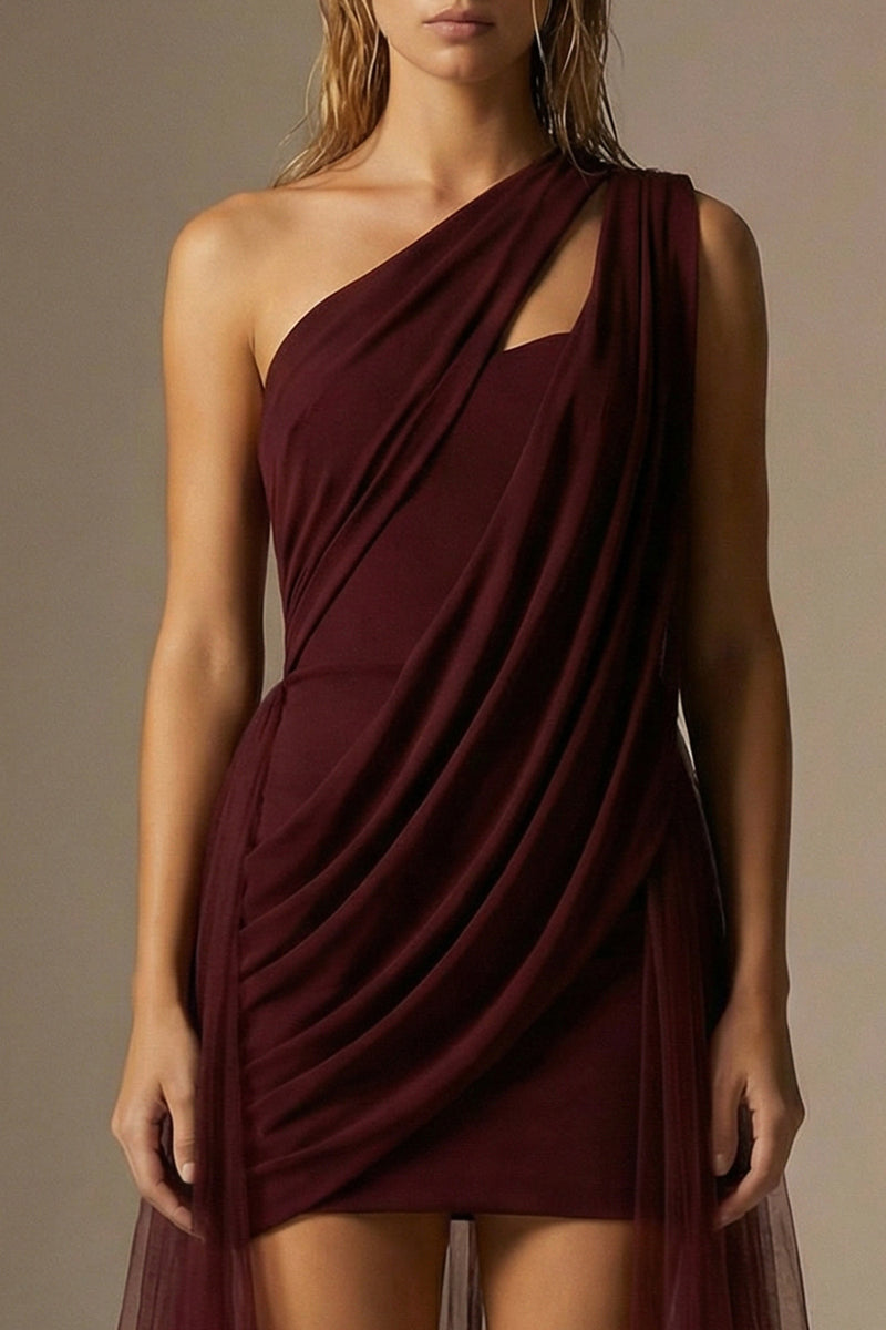 Load image into Gallery viewer, Burgundy One Shoulder Ruched Bodycon Short Formal Dress with Cape