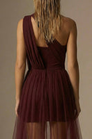 Load image into Gallery viewer, Burgundy One Shoulder Ruched Bodycon Short Formal Dress with Cape
