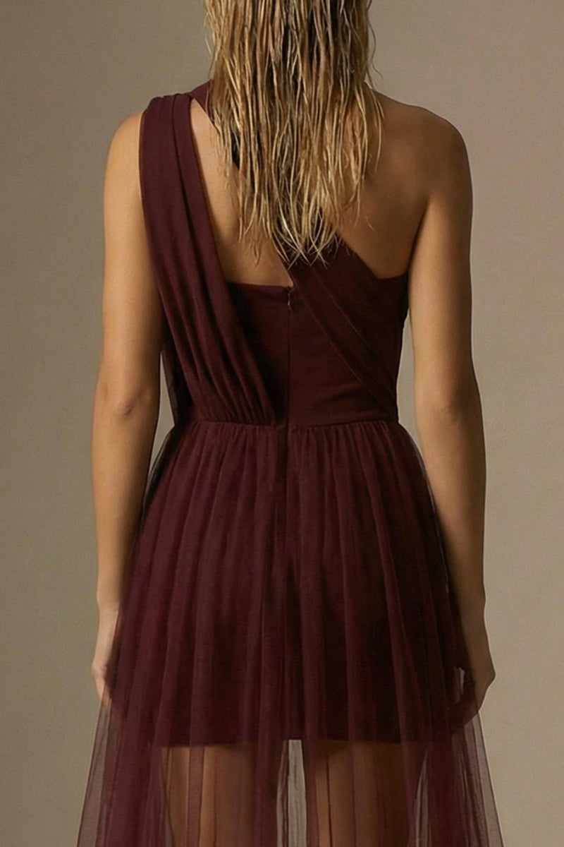 Load image into Gallery viewer, Burgundy One Shoulder Ruched Bodycon Short Formal Dress with Cape