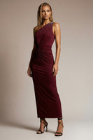 Load image into Gallery viewer, Sparkly Burgundy Sheath Ruched One Shoulder Long Formal Dress