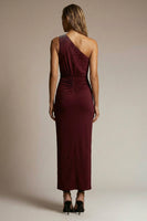 Load image into Gallery viewer, Sparkly Burgundy Sheath Ruched One Shoulder Long Formal Dress