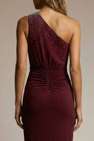 Load image into Gallery viewer, Sparkly Burgundy Sheath Ruched One Shoulder Long Formal Dress