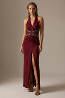 Load image into Gallery viewer, Sparkly Burgundy Halter Sheath  Long Formal Dress with Slit