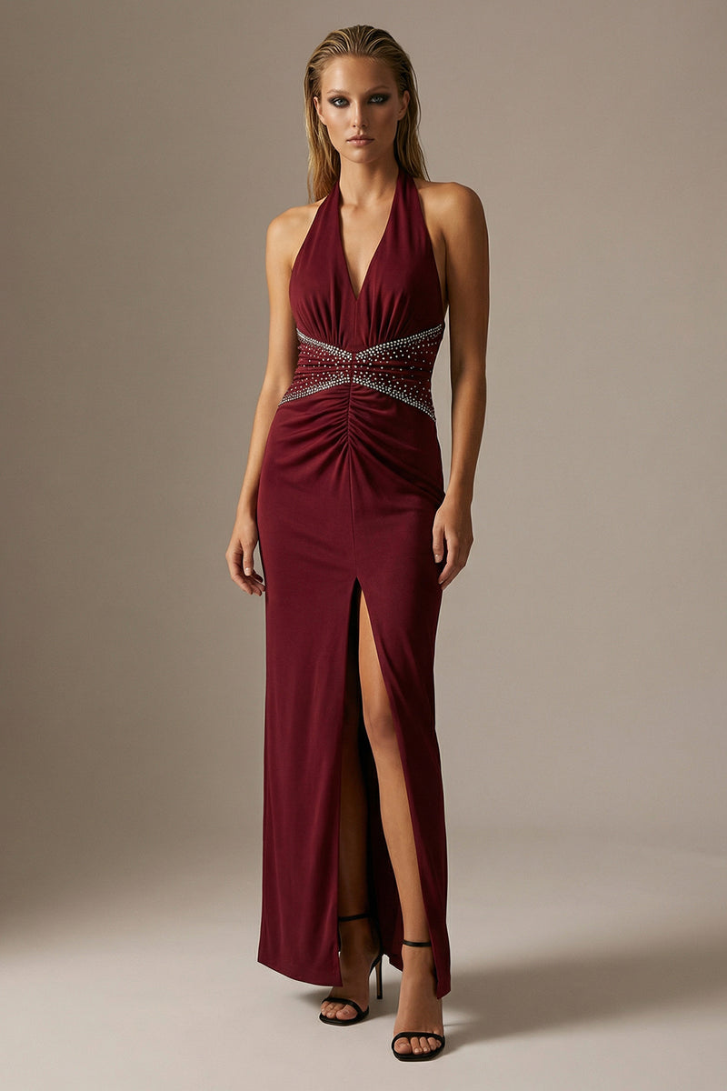 Load image into Gallery viewer, Sparkly Burgundy Halter Sheath  Long Formal Dress with Slit