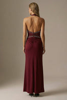 Load image into Gallery viewer, Sparkly Burgundy Halter Sheath  Long Formal Dress with Slit