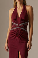 Load image into Gallery viewer, Sparkly Burgundy Halter Sheath  Long Formal Dress with Slit