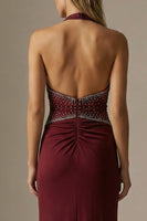 Load image into Gallery viewer, Sparkly Burgundy Halter Sheath  Long Formal Dress with Slit