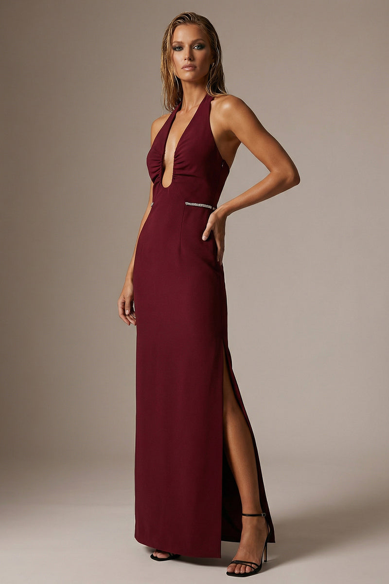 Load image into Gallery viewer, Sparkly Burgundy Sheath Halter Ruched Long Formal Dress with Slit
