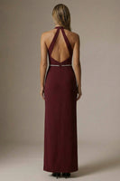 Load image into Gallery viewer, Sparkly Burgundy Sheath Halter Ruched Long Formal Dress with Slit