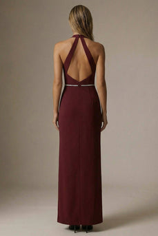 Sparkly Burgundy Sheath Halter Ruched Long Formal Dress with Slit