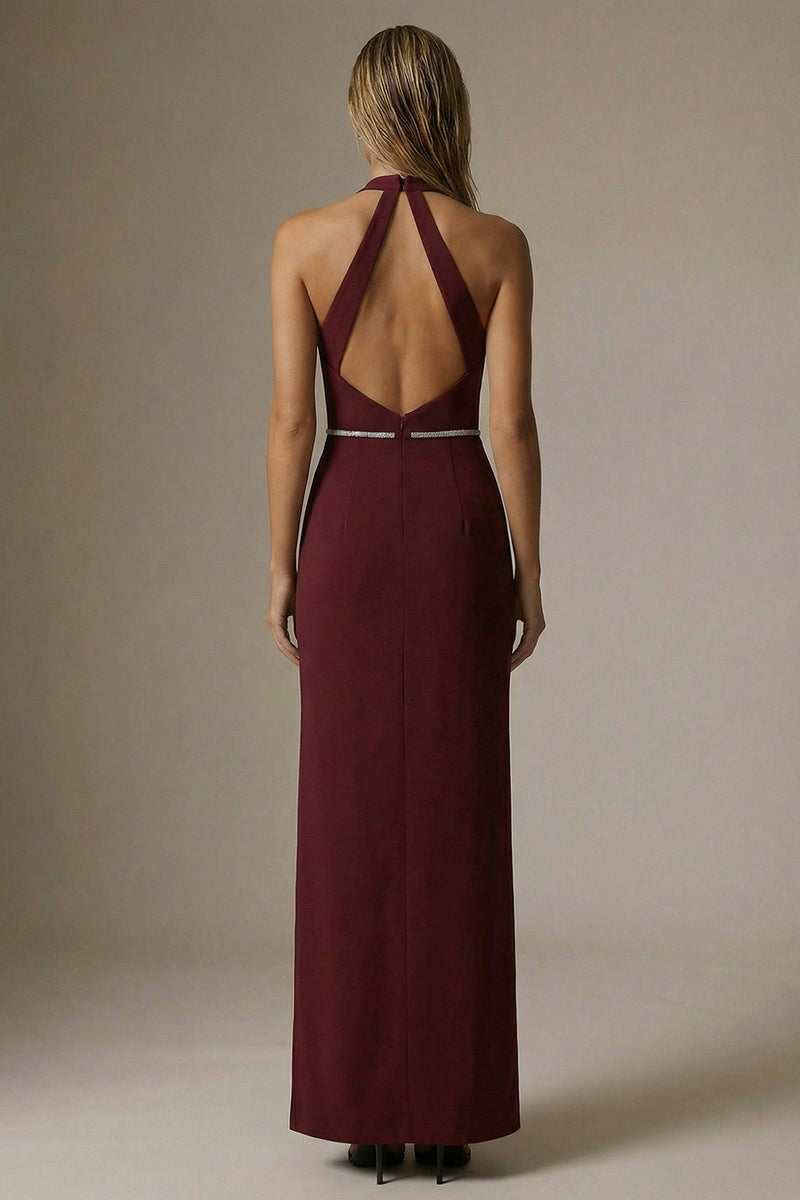 Load image into Gallery viewer, Sparkly Burgundy Sheath Halter Ruched Long Formal Dress with Slit