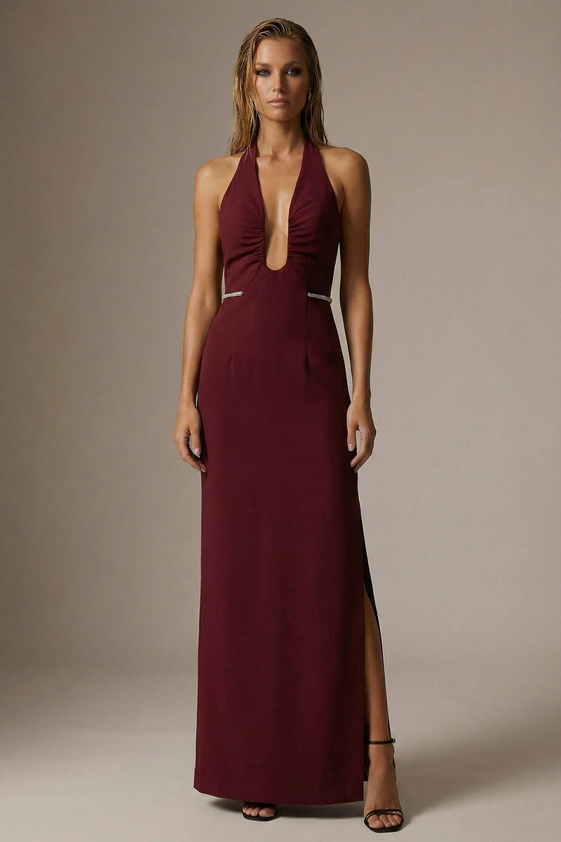 Load image into Gallery viewer, Sparkly Burgundy Sheath Halter Ruched Long Formal Dress with Slit
