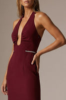 Load image into Gallery viewer, Sparkly Burgundy Sheath Halter Ruched Long Formal Dress with Slit