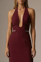 Load image into Gallery viewer, Sparkly Burgundy Sheath Halter Ruched Long Formal Dress with Slit