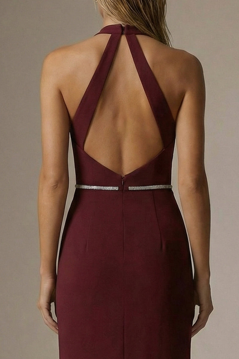 Load image into Gallery viewer, Sparkly Burgundy Sheath Halter Ruched Long Formal Dress with Slit