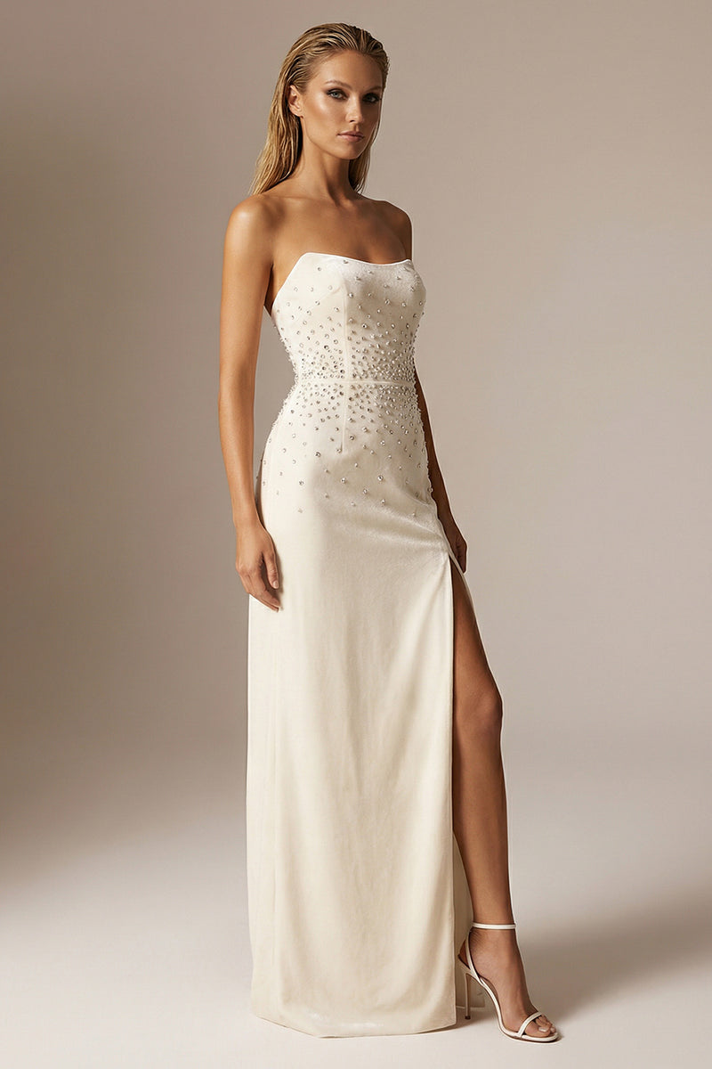 Load image into Gallery viewer, Sparkly Ivory Beaded Strapless Sheath Long Formal Dress with Slit
