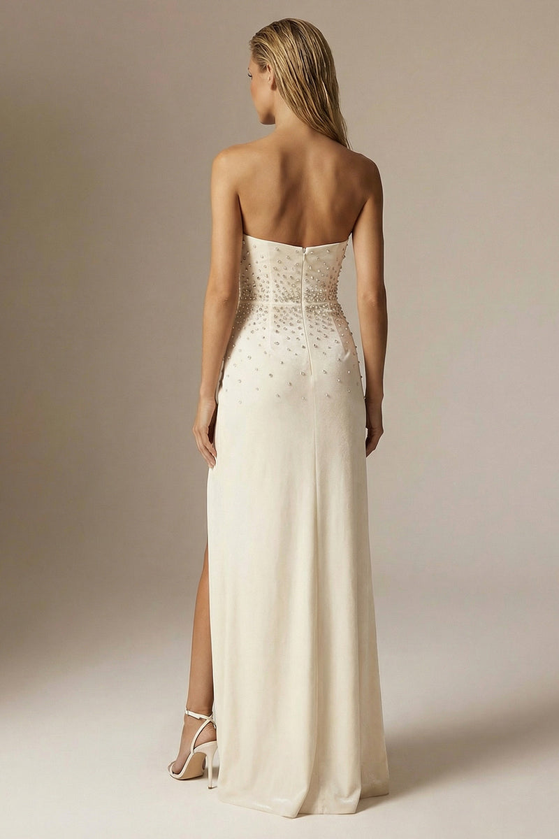 Load image into Gallery viewer, Sparkly Ivory Beaded Strapless Sheath Long Formal Dress with Slit