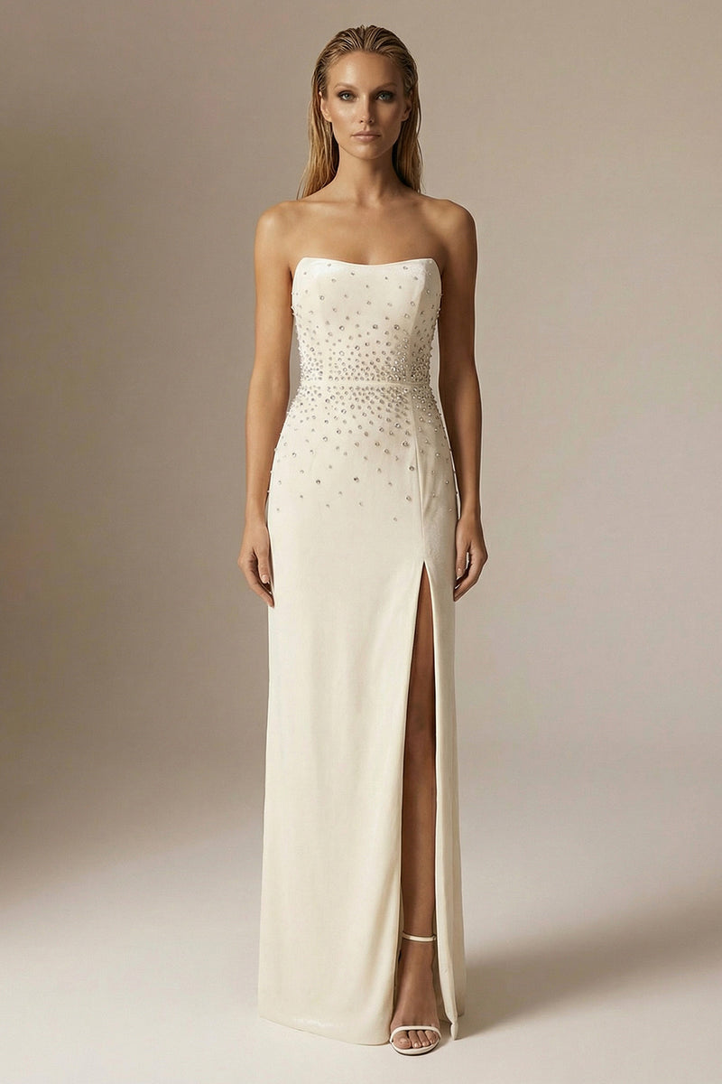 Load image into Gallery viewer, Sparkly Ivory Beaded Strapless Sheath Long Formal Dress with Slit