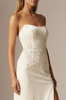 Load image into Gallery viewer, Sparkly Ivory Beaded Strapless Sheath Long Formal Dress with Slit
