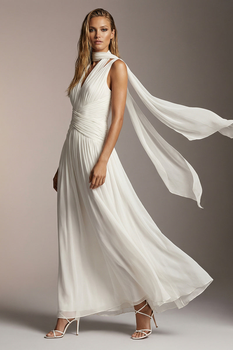 Load image into Gallery viewer, Ivory Chiffon Thick Straps Pleated A Line Long Formal Dress