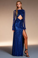 Load image into Gallery viewer, Sparkly Royal Blue Sequin Bateau Neck Sheath Long Formal Dress with Slit
