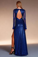 Load image into Gallery viewer, Sparkly Royal Blue Sequin Bateau Neck Sheath Long Formal Dress with Slit