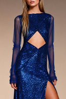 Load image into Gallery viewer, Sparkly Royal Blue Sequin Bateau Neck Sheath Long Formal Dress with Slit