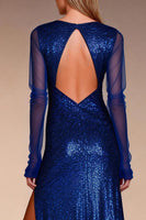 Load image into Gallery viewer, Sparkly Royal Blue Sequin Bateau Neck Sheath Long Formal Dress with Slit