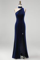 Load image into Gallery viewer, Sparkly Navy Velvet Halter Sheath Long Formal Dress with Slit