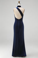 Load image into Gallery viewer, Sparkly Navy Velvet Halter Sheath Long Formal Dress with Slit