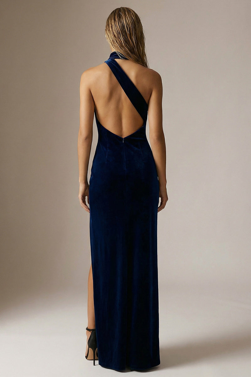 Load image into Gallery viewer, Sparkly Navy Velvet Halter Sheath Long Formal Dress with Slit