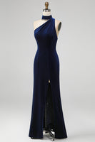 Load image into Gallery viewer, Sparkly Navy Velvet Halter Sheath Long Formal Dress with Slit