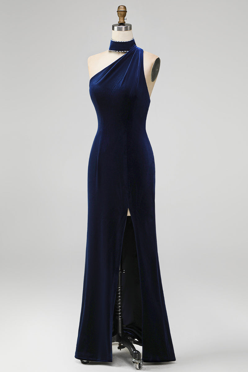Load image into Gallery viewer, Sparkly Navy Velvet Halter Sheath Long Formal Dress with Slit