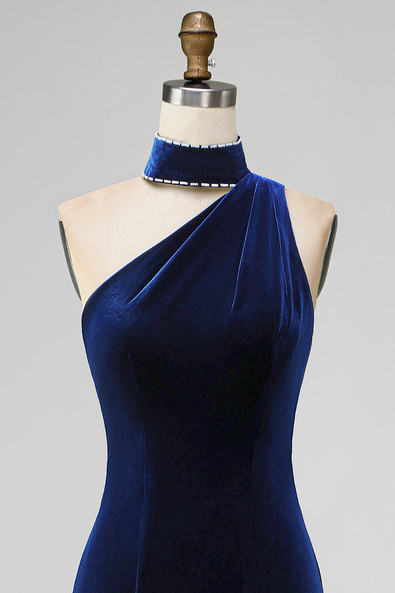 Load image into Gallery viewer, Sparkly Navy Velvet Halter Sheath Long Formal Dress with Slit