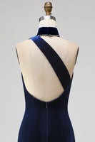 Load image into Gallery viewer, Sparkly Navy Velvet Halter Sheath Long Formal Dress with Slit