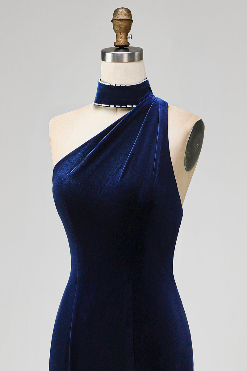 Load image into Gallery viewer, Sparkly Navy Velvet Halter Sheath Long Formal Dress with Slit