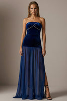 Load image into Gallery viewer, Sparkly Navy Strapless Velvet Sheath Long Formal Dress with Slit