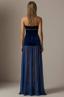 Load image into Gallery viewer, Sparkly Navy Strapless Velvet Sheath Long Formal Dress with Slit