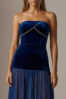 Load image into Gallery viewer, Sparkly Navy Strapless Velvet Sheath Long Formal Dress with Slit