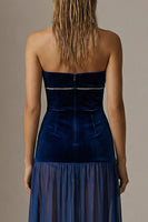 Load image into Gallery viewer, Sparkly Navy Strapless Velvet Sheath Long Formal Dress with Slit