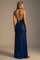 Load image into Gallery viewer, Sparkly Navy Sequin Halter Cut Out Sheath Long Formal Dress with Slit