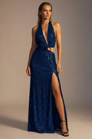 Load image into Gallery viewer, Sparkly Navy Sequin Halter Cut Out Sheath Long Formal Dress with Slit