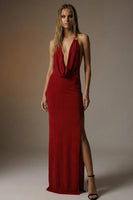 Load image into Gallery viewer, Dark Red Sheath Backless Long Halter Formal Dress with Slit